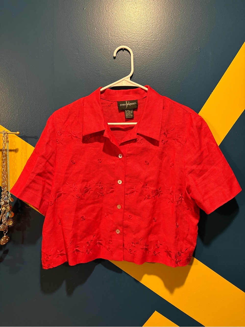 John Roberts Red 100% Linen Floral Embroidered Short Sleeve Cropped Top NWOT